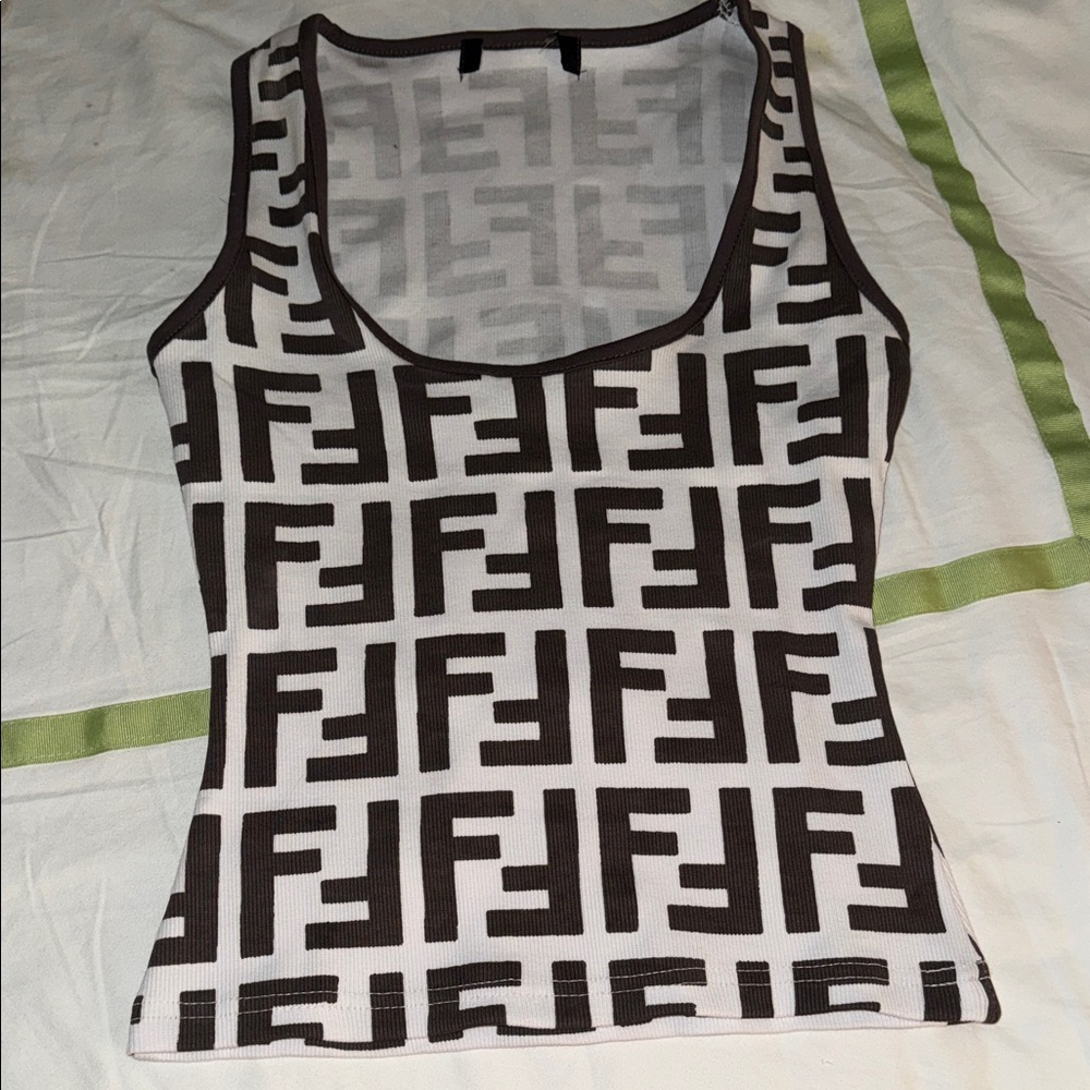FENDI  BROWN LOGO RIBBED SCOOP NECK TANK NEW SZ SMALL